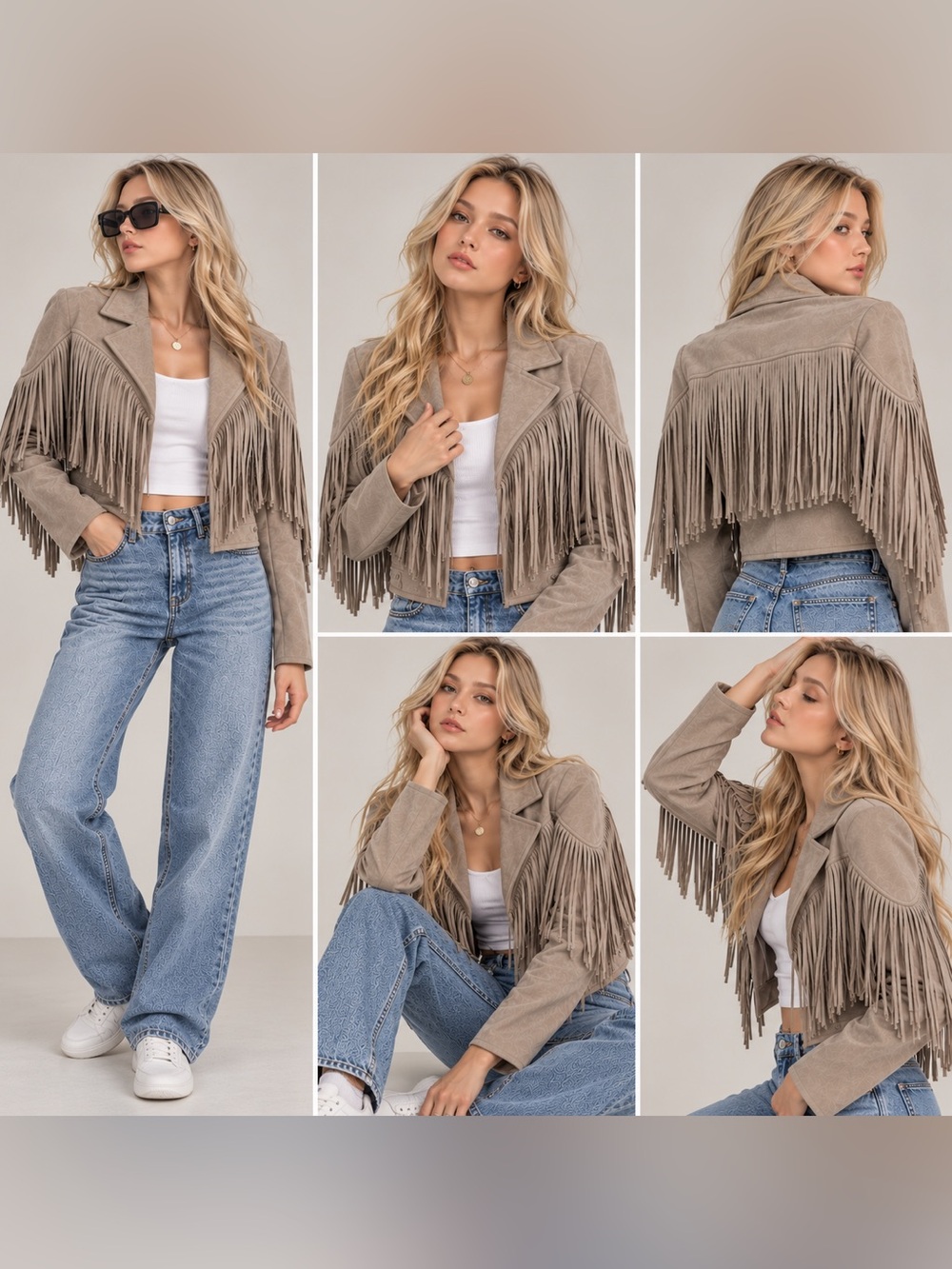 Saints & Hearts Women's Faux Suede Cropped Fringe Western Jacket Grey Small